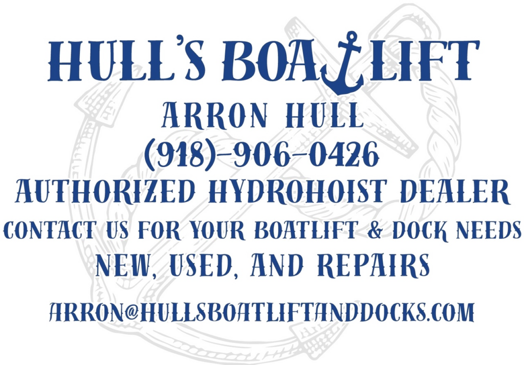 Hull's Boat lift logo Arron Hull 918-906-0426 Contact us for your boatlift and dock needs new, used and repairs arron@hullsboatliftanddocks.com