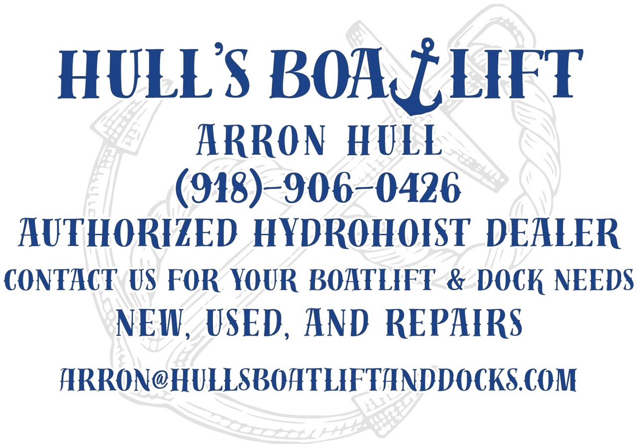 Hull's Boat lift logo Arron Hull 918-906-0426 Contact us for your boatlift and dock needs new, used and repairs arron@hullsboatliftanddocks.com